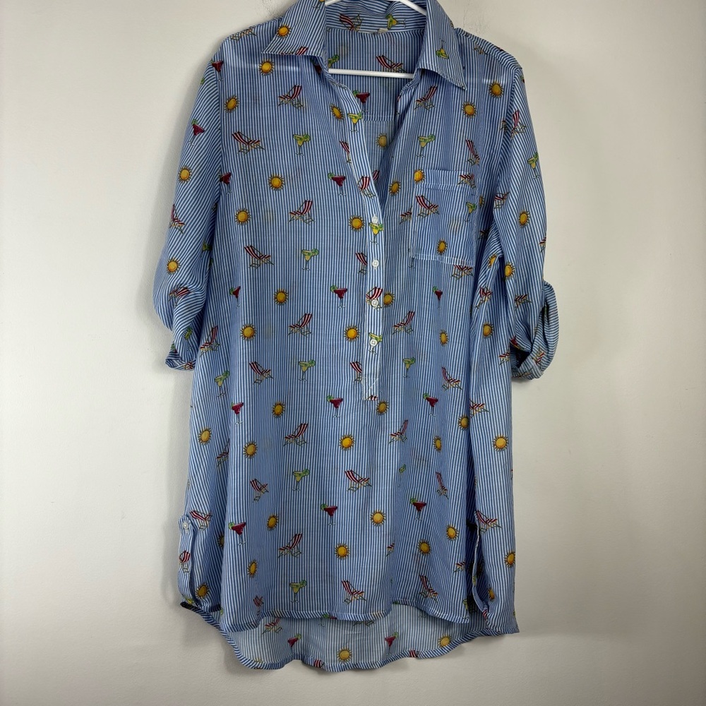 Beach Theme Oversized Shirt Dress Womens S Nautical Stripe Cocktails Umbrella